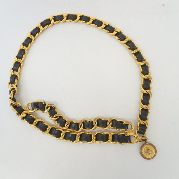 Auth Chanel Belt Chain Belt Gold Metal Fittings Women's Leather Chain Belt Black - Picture 2 of 11